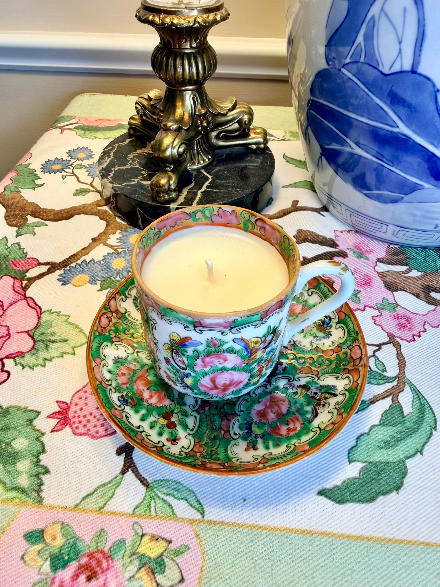 Antique Rose Canton Demitasse Cup and Saucer