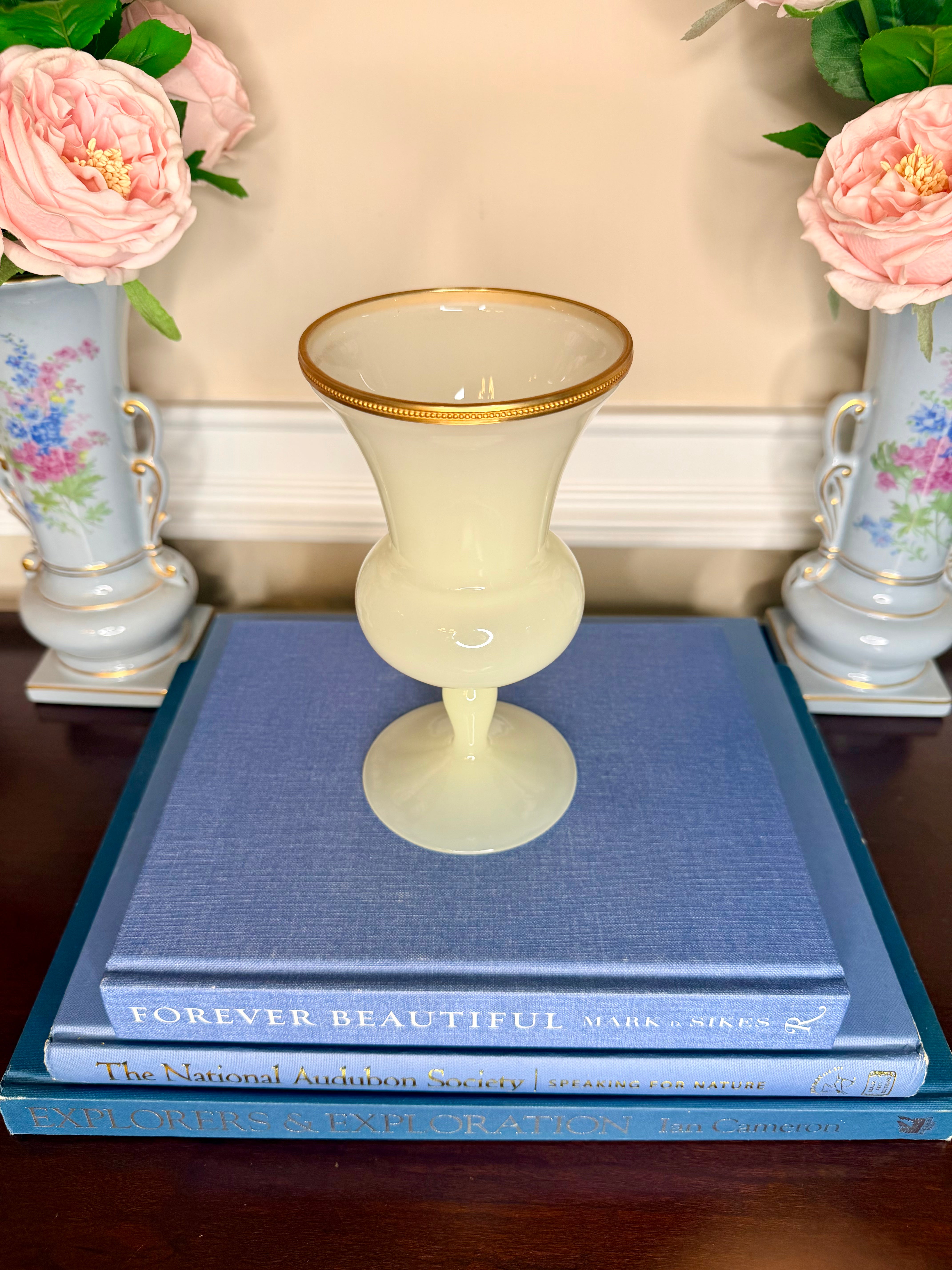 Antique French Yellow Opaline Urn with Ormolu Rim
