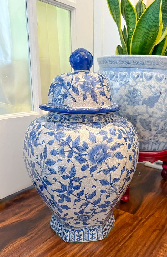 Pair of United Wilson Blue & White Lidded Jars