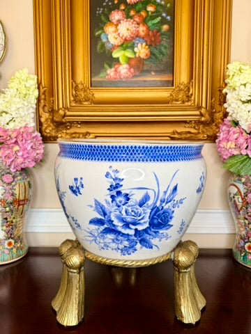 Vintage Blue and White Fishbowl Planter