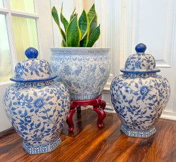 Pair of United Wilson Blue & White Lidded Jars