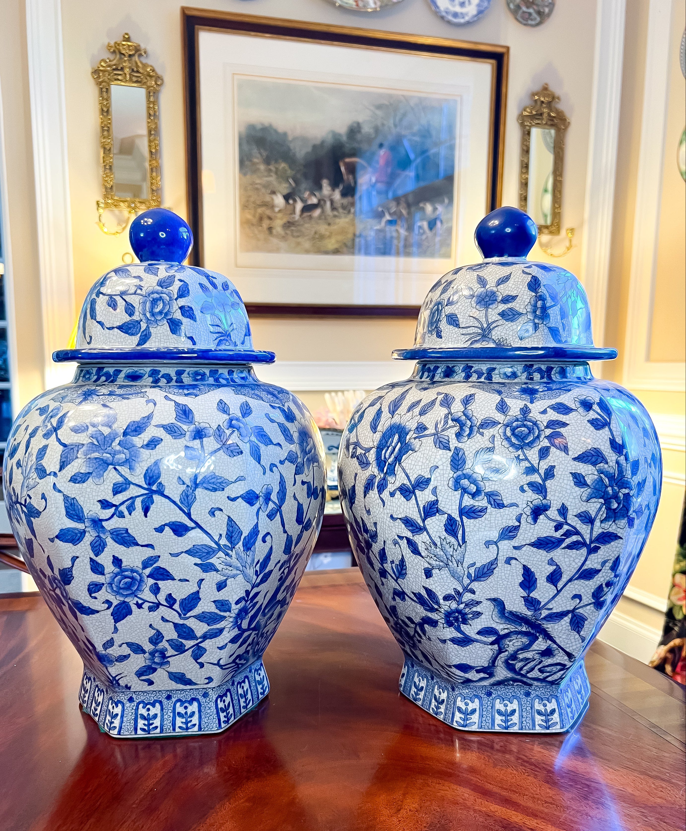 Pair of United Wilson Blue & White Lidded Jars